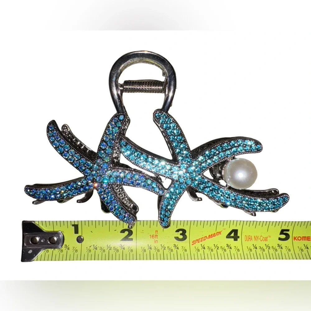 Blue Rhinestone Starfish Hair Claw Clip Pearl Beach Coastal Hair Accessory